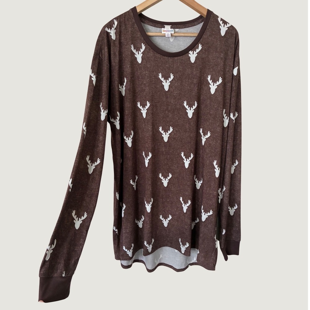 LuLaRoe Womens 2XL Brown Deer Antler Print Long Sleeve High Low Tunic Top